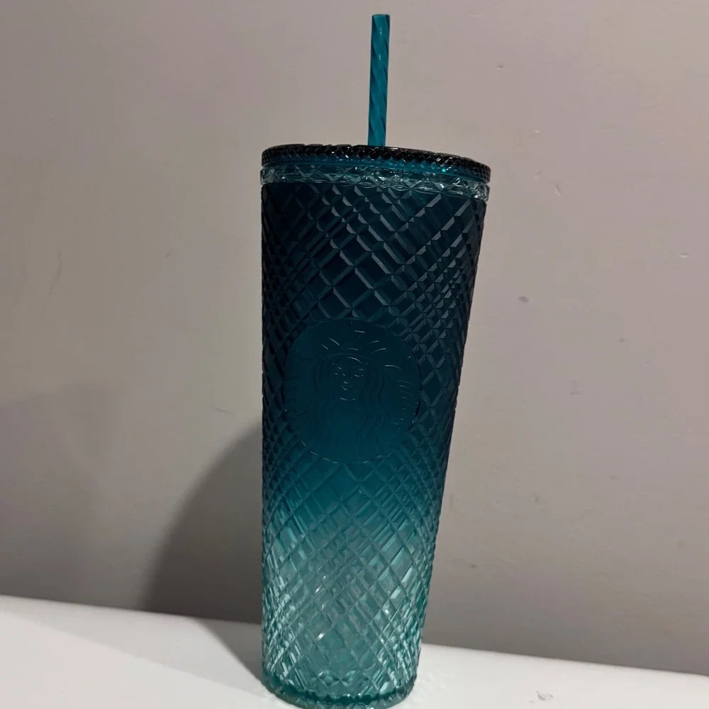Starbucks Tumbler Cold Cup 24oz Blue Ombre Teal Diamond Textured New 011140462